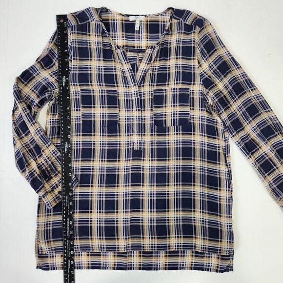 Joie Nepal Plaid Silk Popover Blouse M Long Sleeve Blue Yellow White Lightweight - Picture 7 of 9